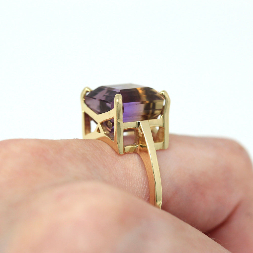 Statement Ametrine Ring - 14k Yellow Gold Genuine 9 CT Multi Color Gemstone - Modern 2000s Size 9 Fine Yellow Purple Solitaire Style Jewelry