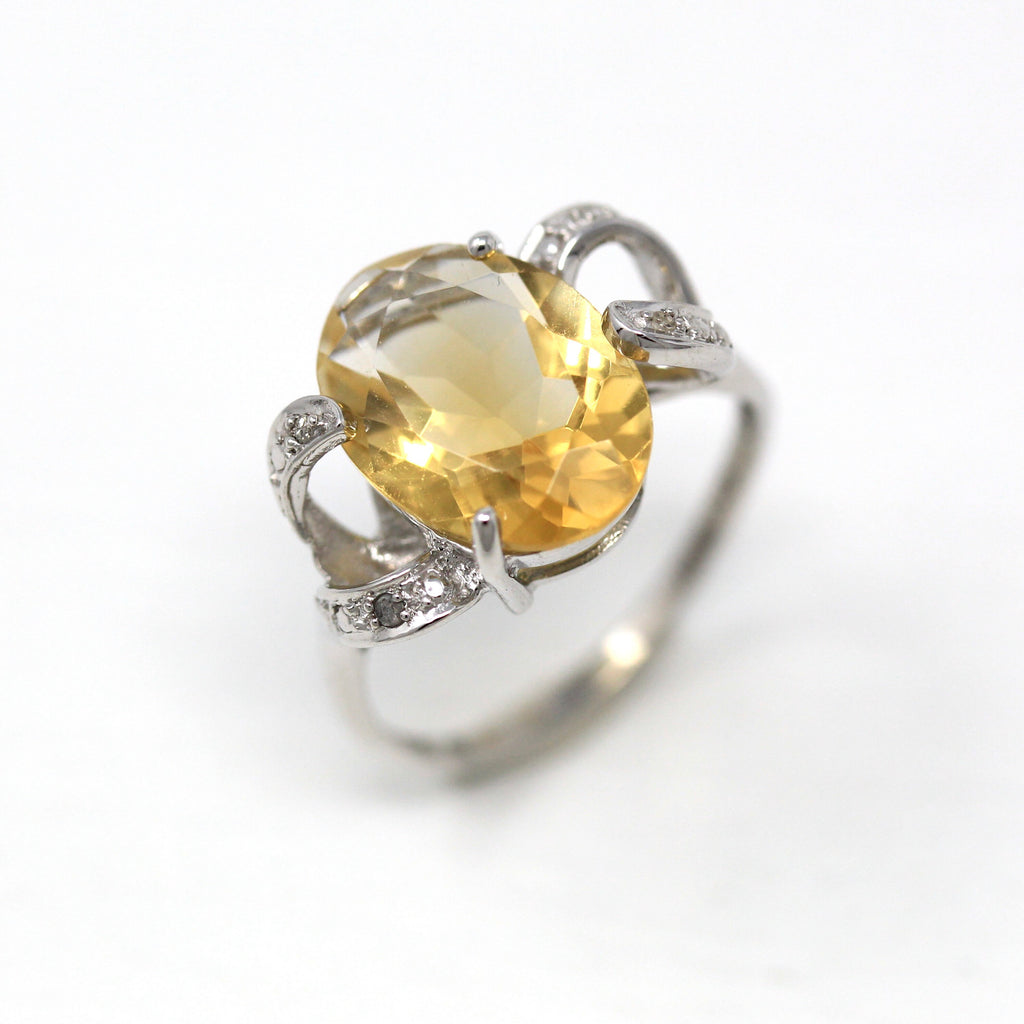 Sale - Genuine Citrine Ring - Modern 10k White Gold Oval Cut 4.53 CT Orange Yellow Gem - Estate Circa 2000s Size 8 Statement Fine Jewelry