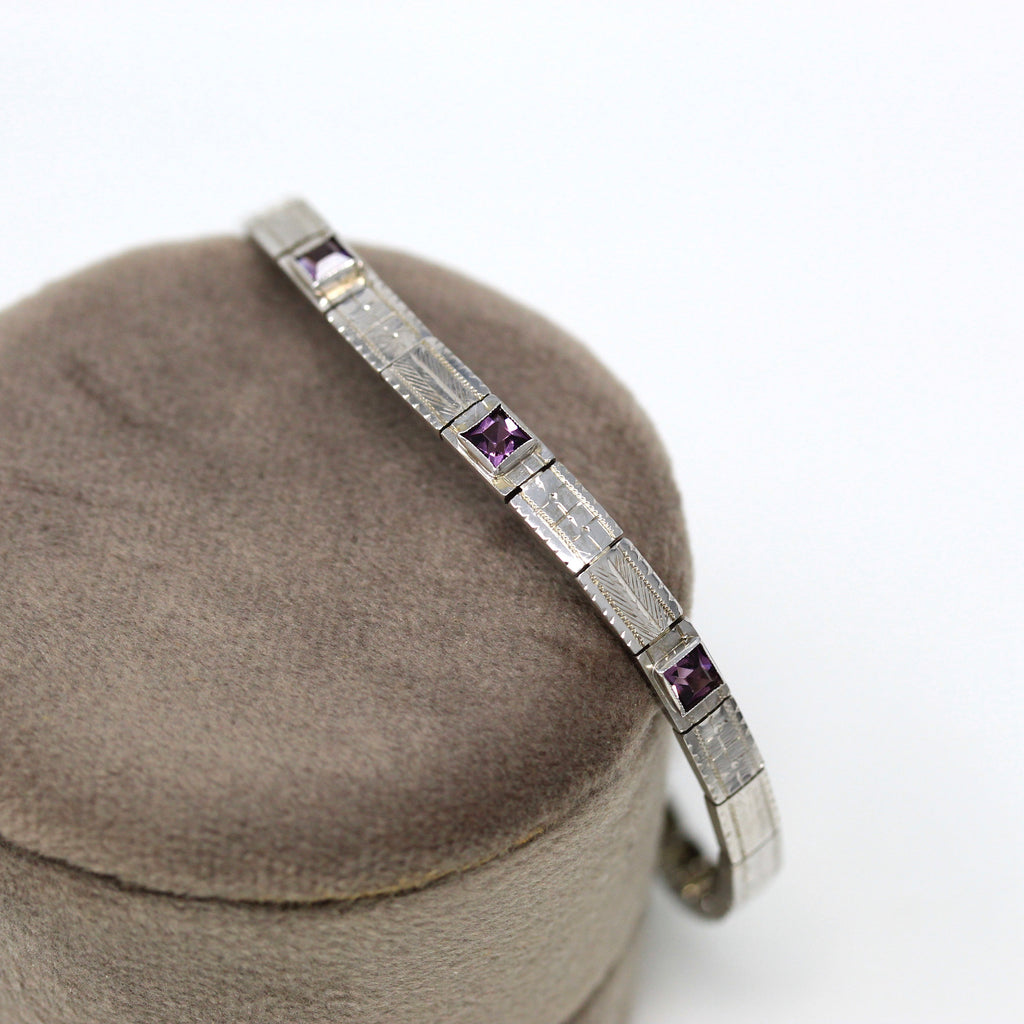 Sale - Art Deco Bracelet - Antique 18k White Gold Simulated Amethyst Purple Glass - Circa 1920s Line Tennis Style Fashion Accessory Jewelry