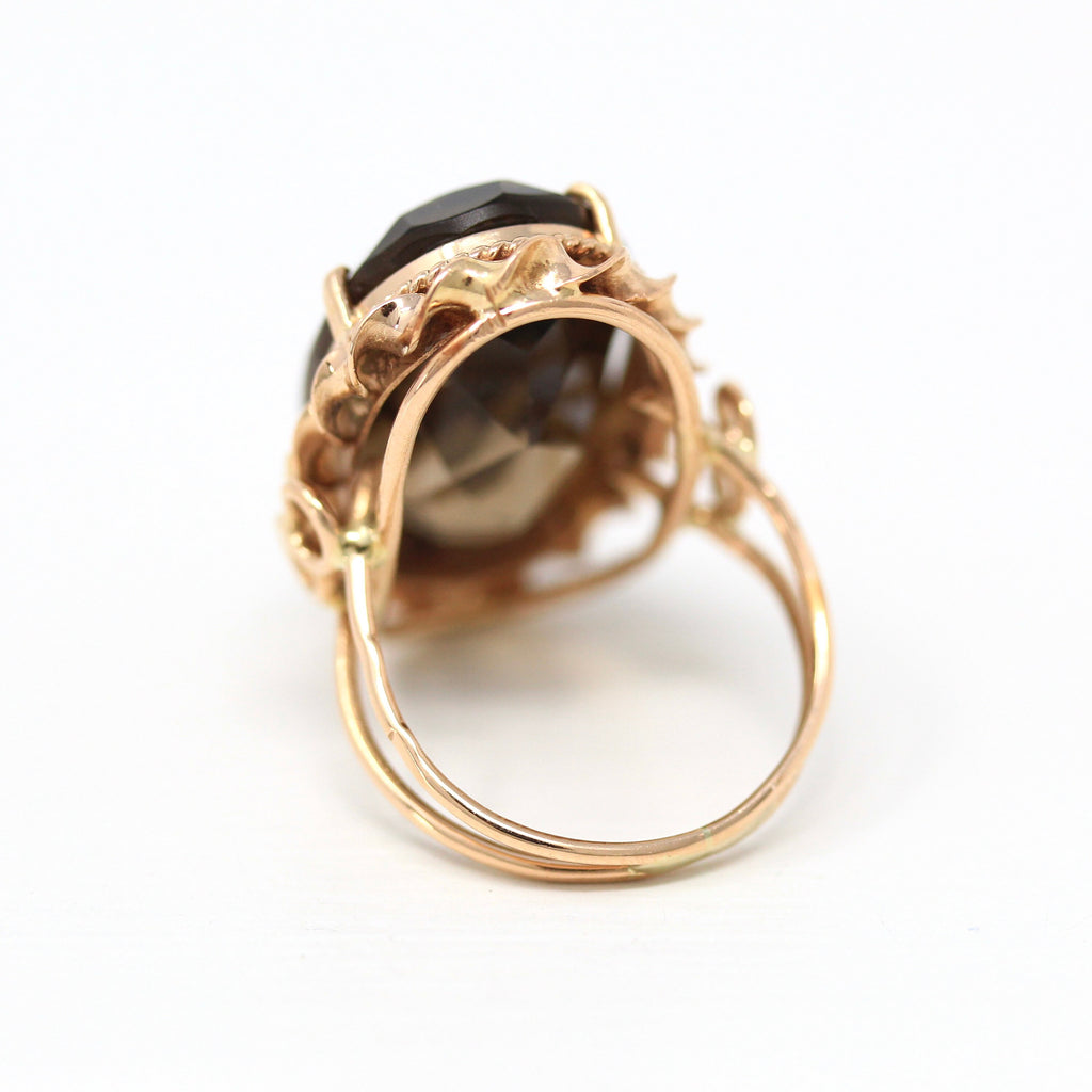 Sale - Smoky Quartz Ring - Retro 14k Rose Gold Genuine Oval Faceted 12.36 CT Brown Gem - Vintage Circa 1970s Size 5 1/4 Statement Jewelry