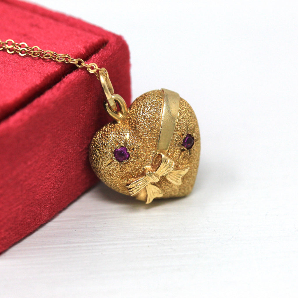 Puffy Heart Pendant - Estate 14k Yellow Gold Semi Hollow Charm Necklace - Vintage Circa 1980s Era Tied Bow Ribbon Love Gift Fine 80s Jewelry