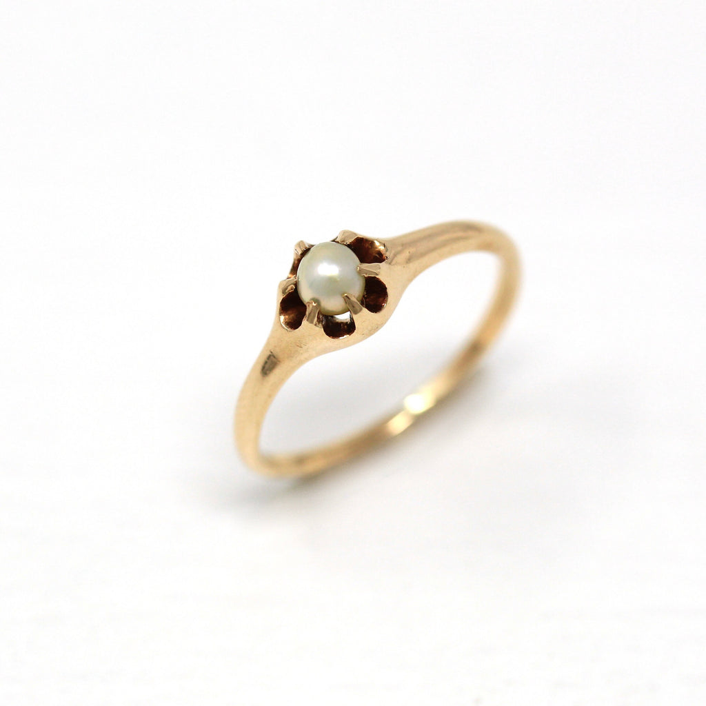 Cultured Pearl Ring - Edwardian 14k Yellow Gold Solitaire Belcher Style Setting - Antique Circa 1910s Era Size 4 1/4 June Birthstone Jewelry