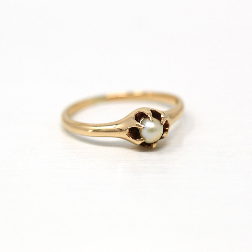 Sale - Cultured Pearl Ring - Edwardian 14k Yellow Gold Solitaire Belcher Style - Antique Circa 1910s Era Size 4 1/4 June Birthstone Jewelry