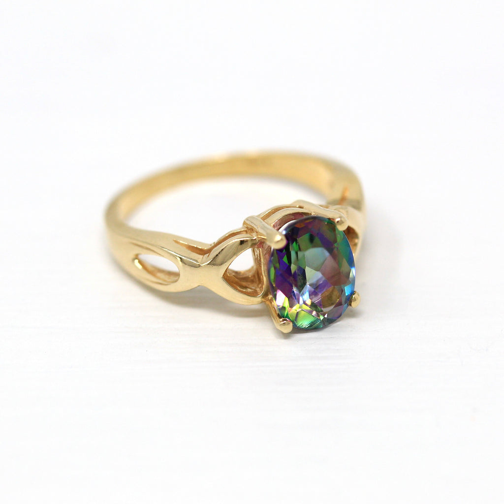 Mystic Topaz Ring - Estate 14k Yellow Gold Oval Faceted Rainbow Green Purple Gem - Modern Circa 2000's Era Size 6 1/2 Statement Fine Jewelry