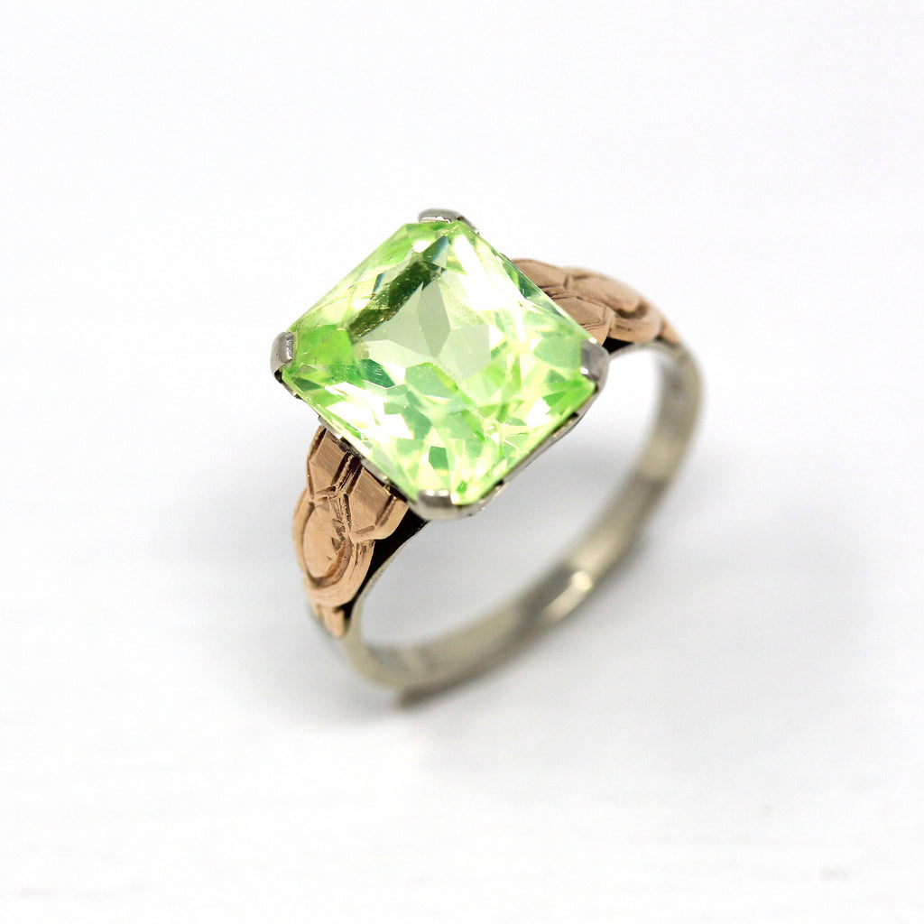 Created Spinel Ring - Retro 14k White & Rose Gold Emerald Cut Light Green Stone - Vintage Circa 1940s Era Size 5 1/2 Statement Fine Jewelry