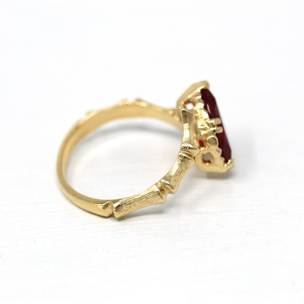 Created Ruby Ring - Retro 14k Yellow Gold Marquise Cut Stone Bamboo Branch - Vintage Circa 1970s Era Size 7 1/4 July Birthstone Fine Jewelry