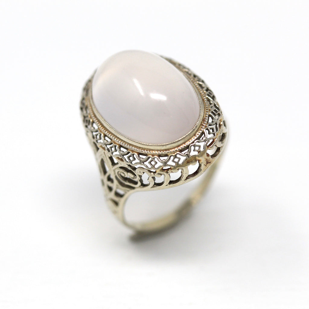 Vintage Moonstone Ring - Antique Art Deco Era c. 1920 14k White Gold Filigree - Size 8 Open Metal 10 Ct Oval Glowing Cabochon Fine Jewelry