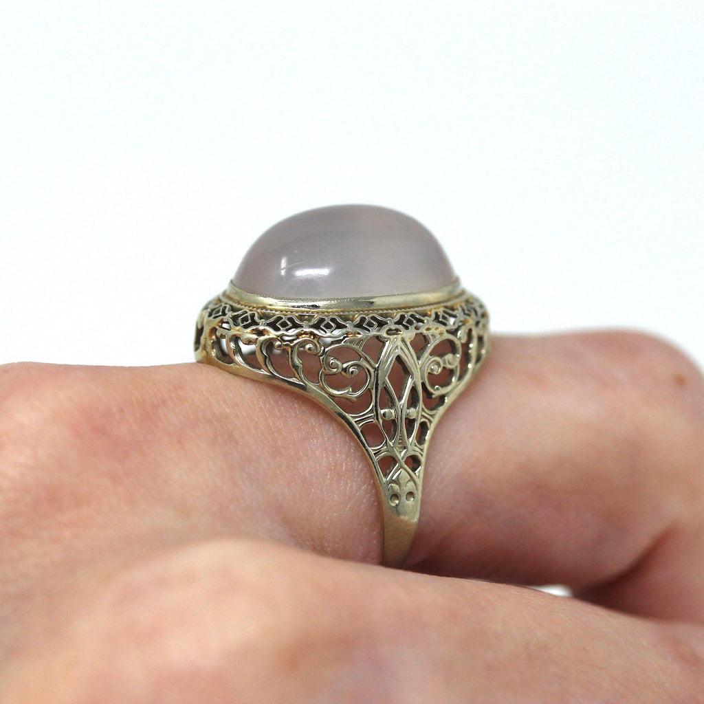 Sale - Vintage Moonstone Ring - Antique Art Deco 1920 14k White Gold Filigree - Size 8 Open Metal 10 Ct Oval Glowing Cabochon Fine Jewelry
