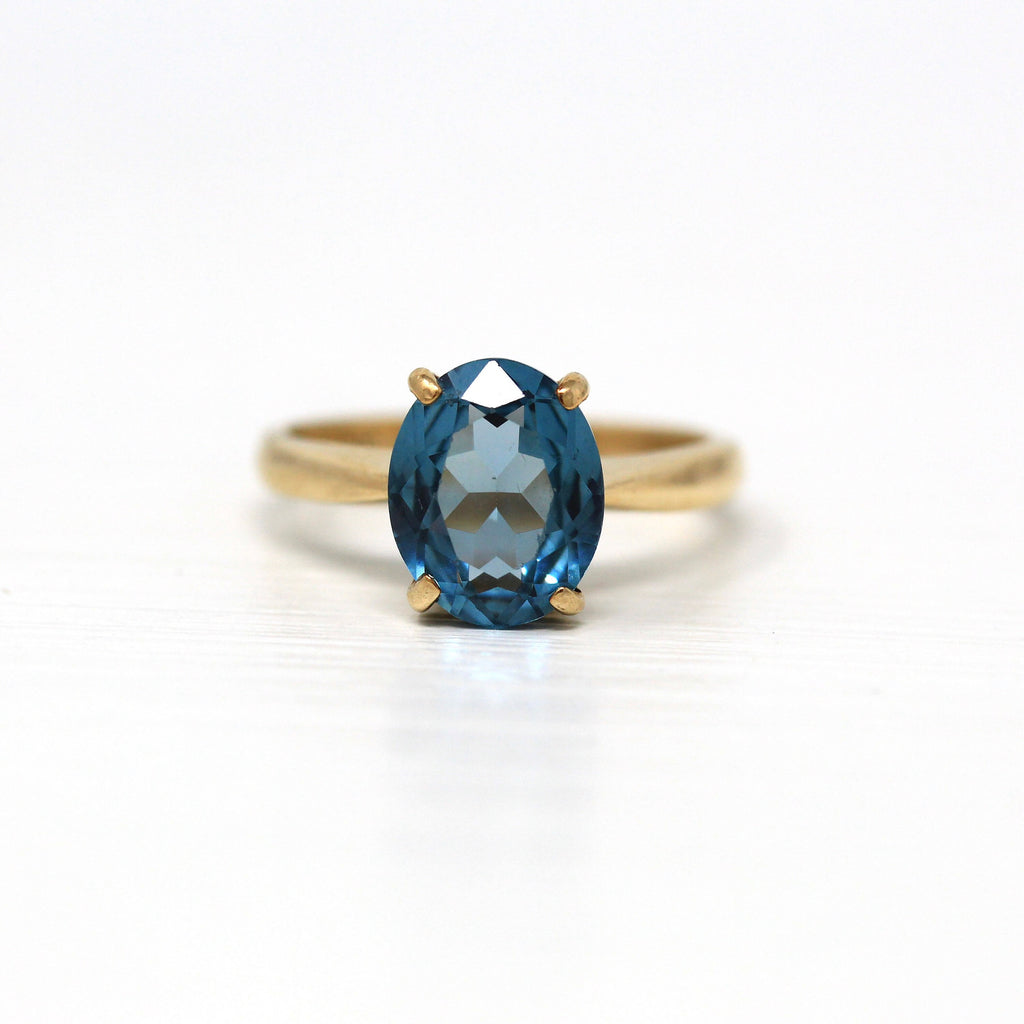 Sale - Created Spinel Ring - Modern 10k Yellow Gold Oval Faceted 2.19 CT Blue Stone - Estate Circa 2000's Size 4 3/4 Solitaire Style Jewelry