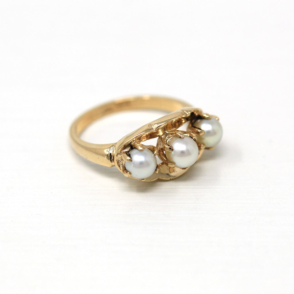 Cultured Pearl Ring - Retro 10k Yellow Gold Three Stone Style Organic White Gems - Vintage Circa 1970s Size 5 June Birthstone Fine Jewelry