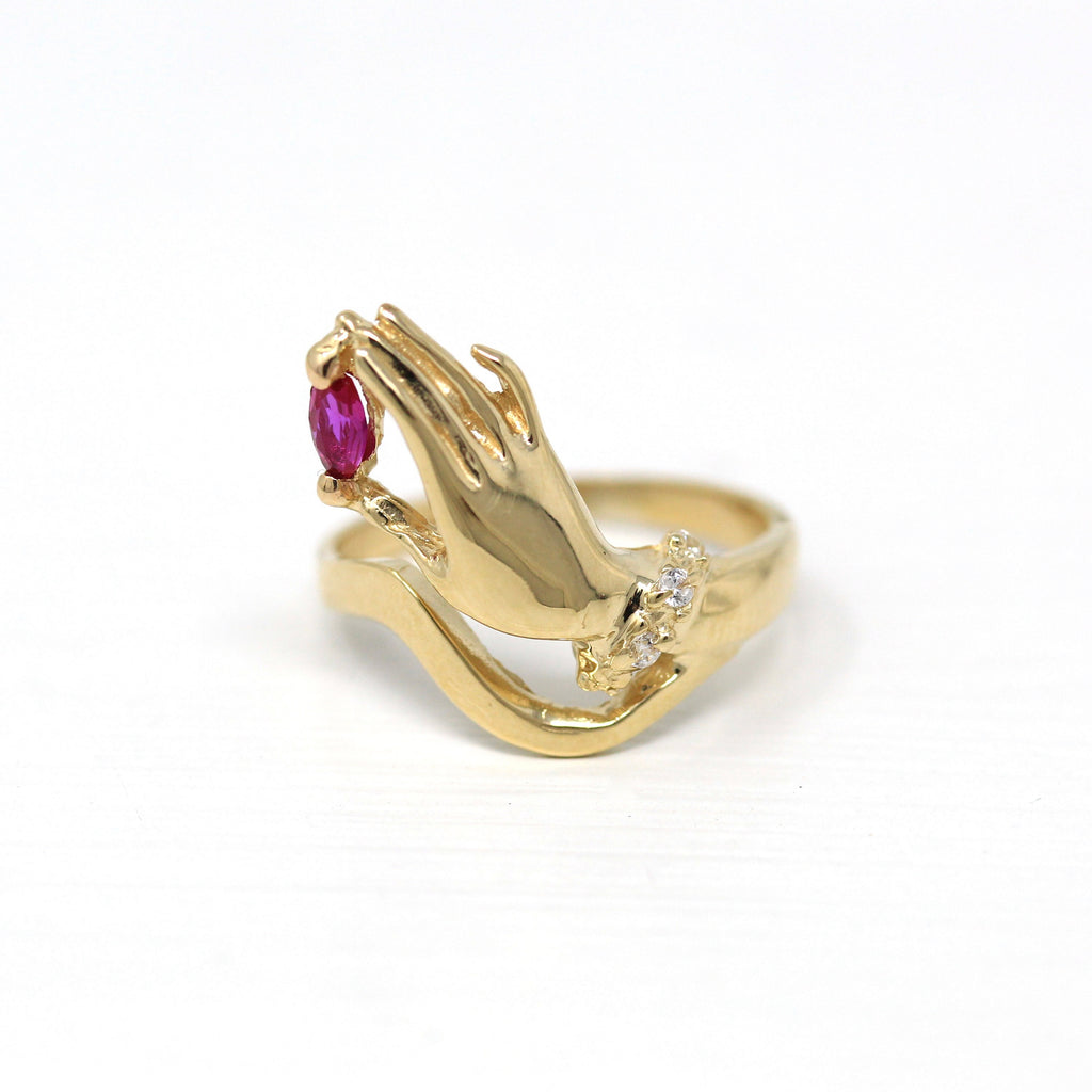 Estate Hand Ring - Modern 14k Yellow Gold Victorian Style Holding Created Ruby - Circa 2000's Era Size 6 Fine Symbolic Figural Y2K Jewelry