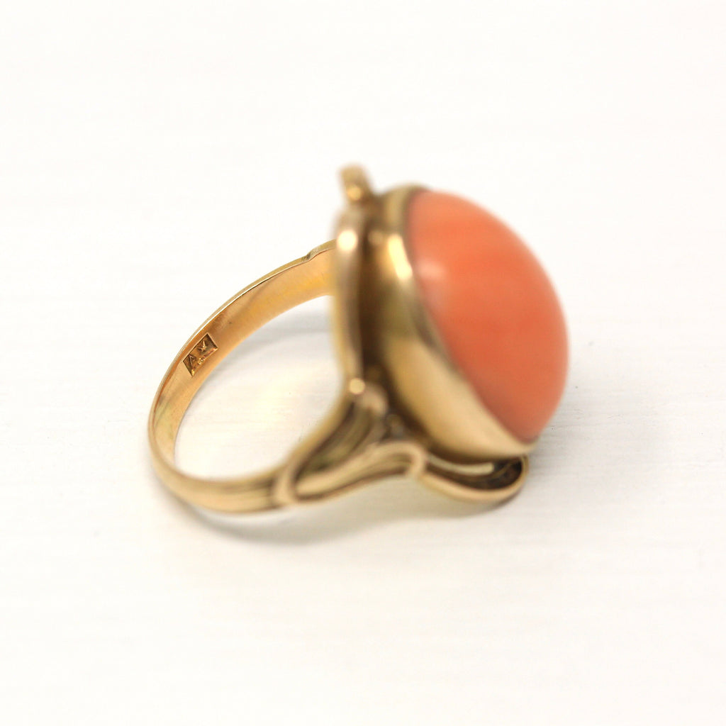Art Nouveau Ring - Edwardian Era 10k Yellow Gold Genuine Peach Pink Coral Gemstone - Vintage Circa 1910s Era Size 6.5 Flower Fine Jewelry