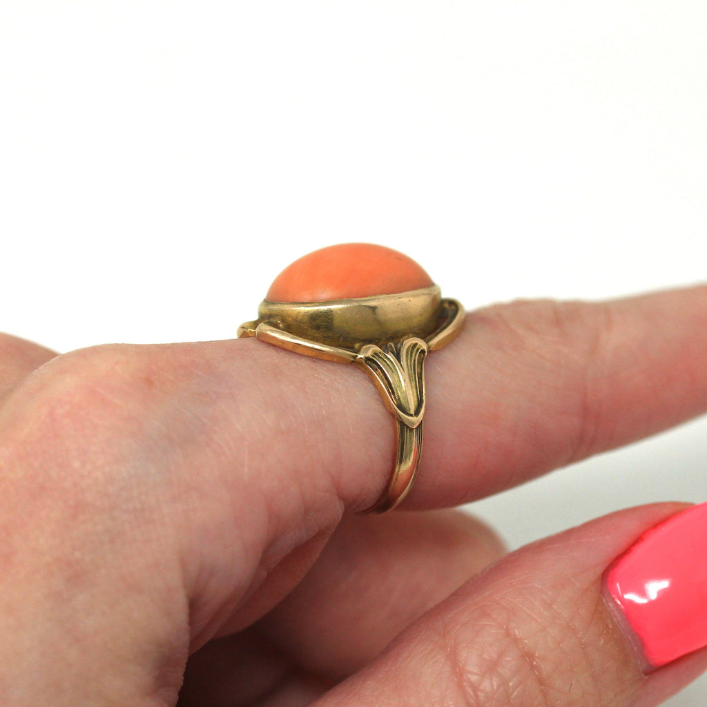 Art Nouveau Ring - Edwardian Era 10k Yellow Gold Genuine Peach Pink Coral Gemstone - Vintage Circa 1910s Era Size 6.5 Flower Fine Jewelry