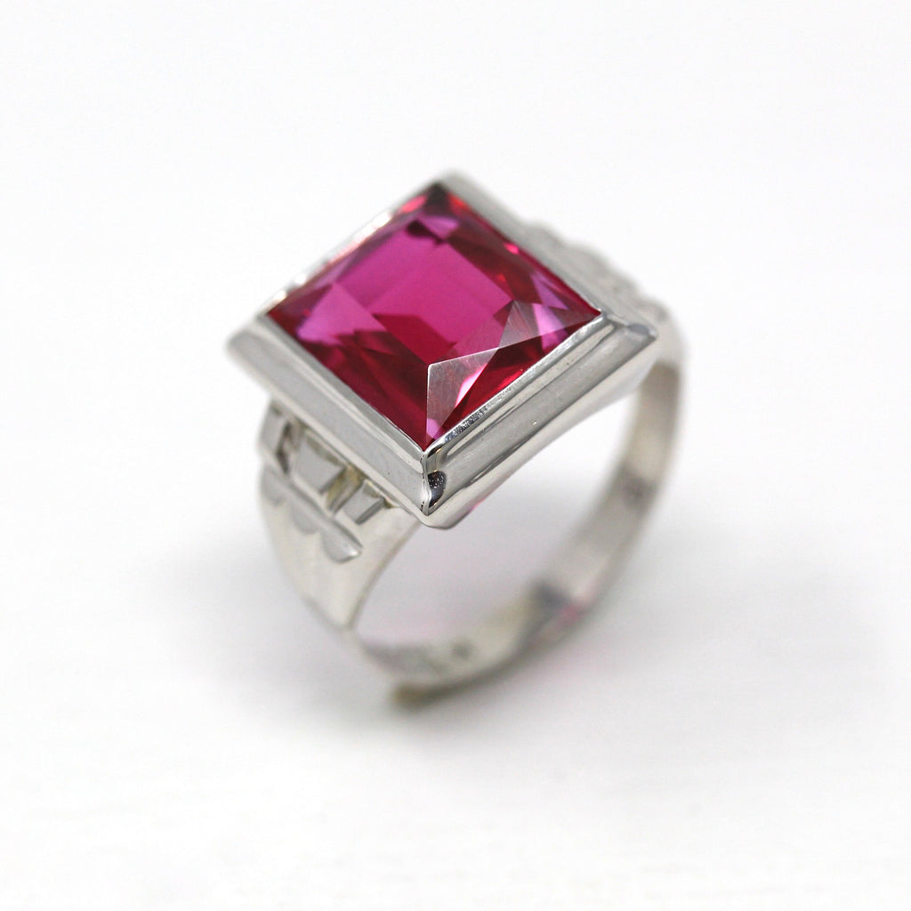 Sale - Created Ruby Ring - Art Deco 10k White Gold Rectangular Faceted 6.46 CT Pink Stone - Vintage 1930s Era Size 6 July Birthstone Jewelry