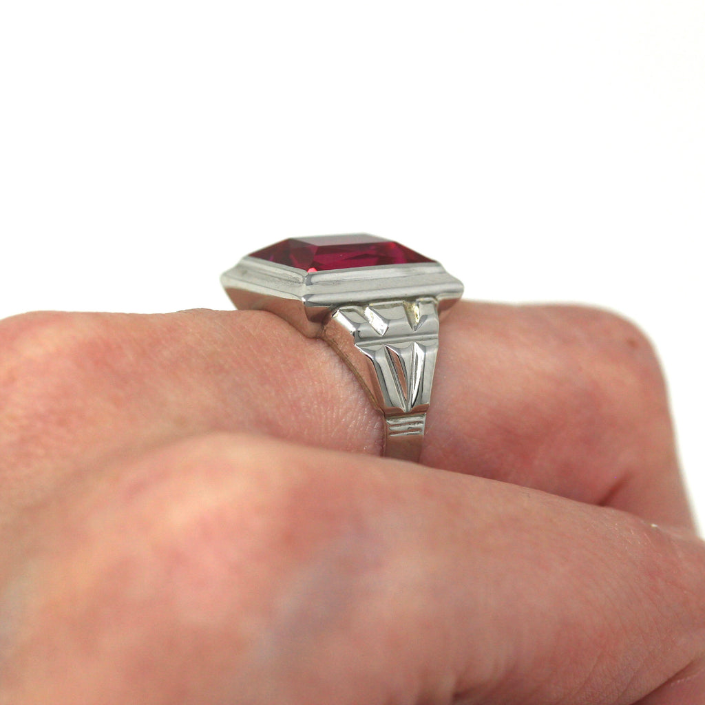 Created Ruby Ring - Art Deco 10k White Gold Rectangular Faceted 6.46 CT Pink Stone - Vintage Circa 1930s Era Size 6 July Birthstone Jewelry