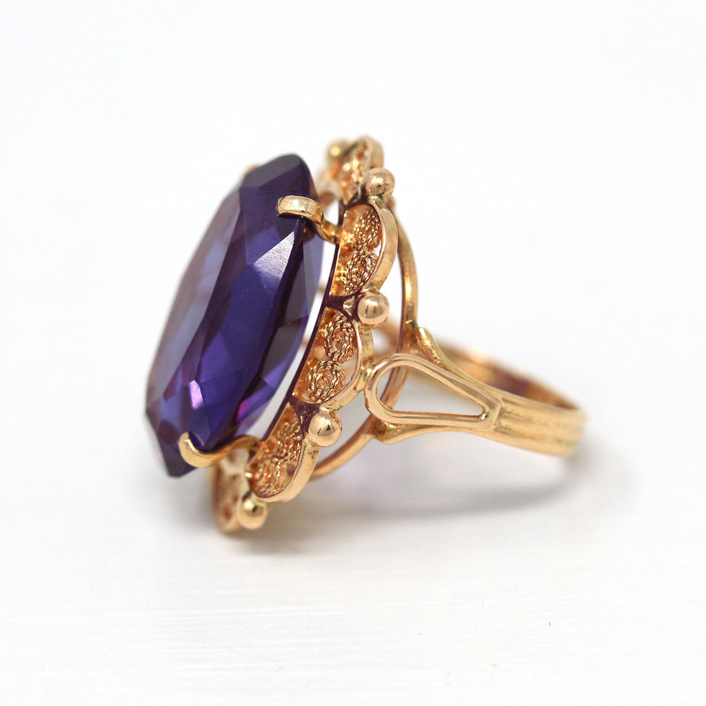 Sale - Created Color Change Sapphire Ring - Retro 14k Yellow Gold 15+ CT Purple Pink Stone - Vintage Circa 1970s Size 5 Statement Jewelry