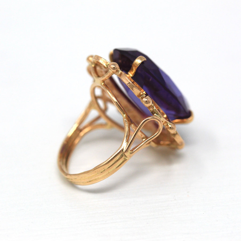 Sale - Created Color Change Sapphire Ring - Retro 14k Yellow Gold 15+ CT Purple Pink Stone - Vintage Circa 1970s Size 5 Statement Jewelry