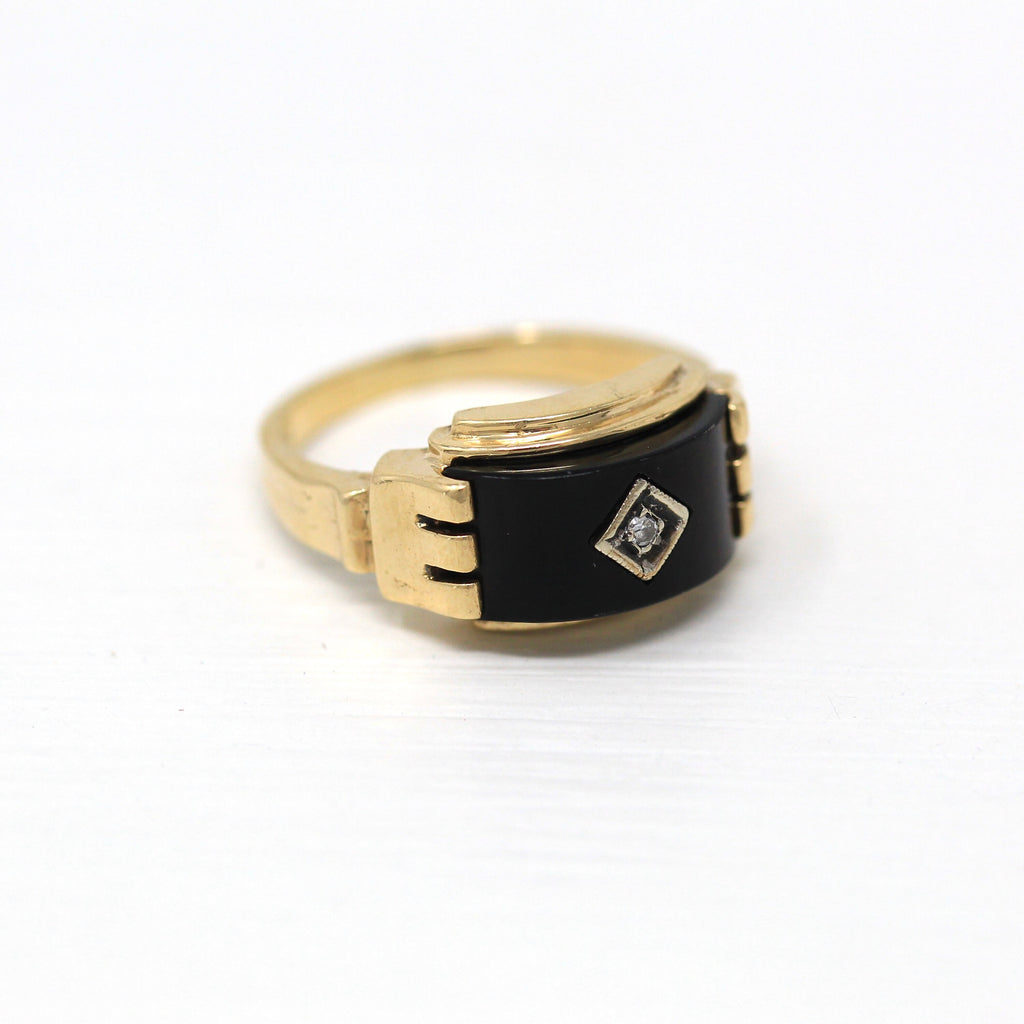 Onyx & Diamond Ring - Retro Era 10k Yellow Gold Genuine Black Gemstone Diamond Band - Modern Circa 1960s Size 4 3/4 Statement Fine Jewelry