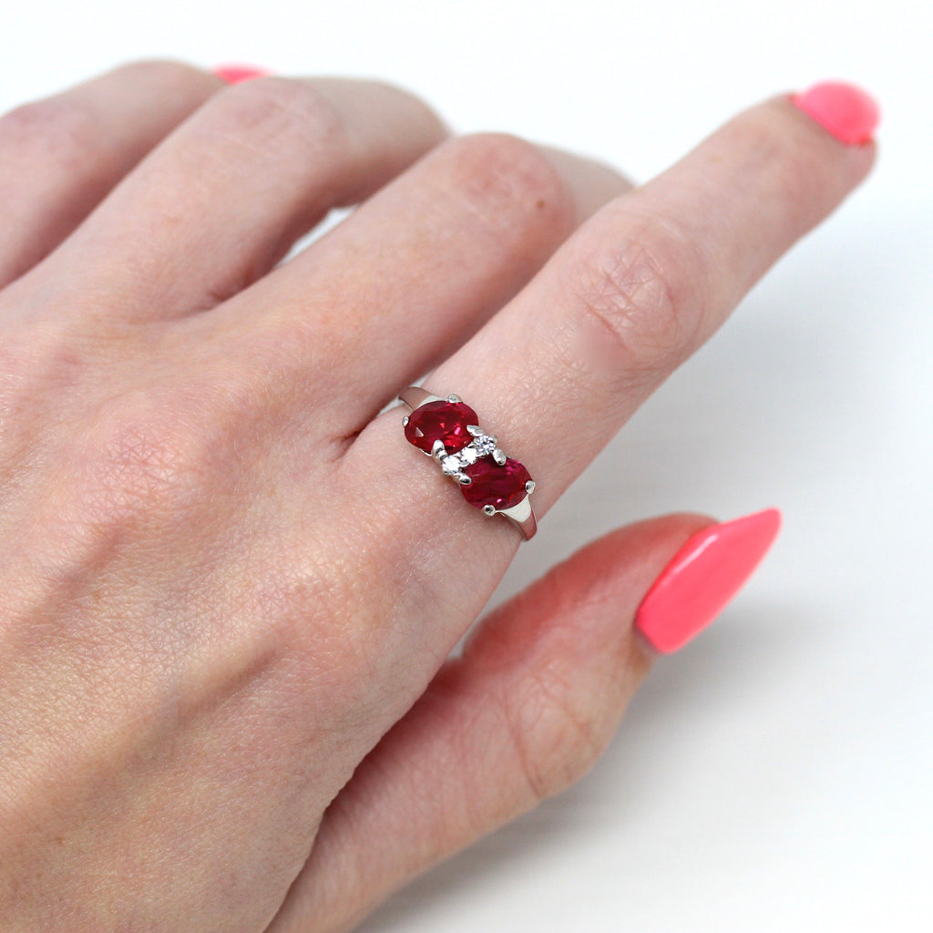 Sale - Created Ruby Ring - Retro 10k White Gold Oval Faceted 1.68 CTW White Spinels Stones - Vintage 1960s Size 7 July Birthstone Jewelry