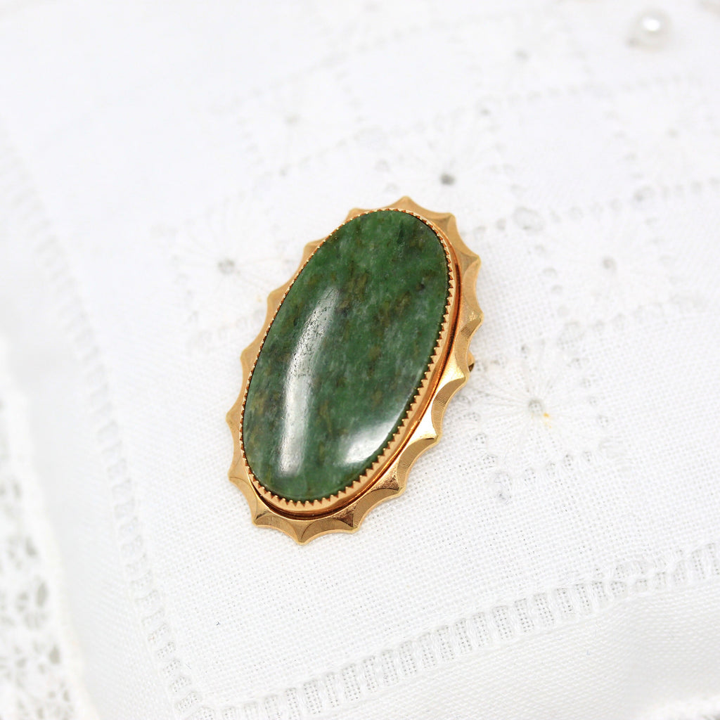 Genuine Serpentine Brooch - Retro 12k Gold Filled Marbled Green Oval Gem Pin - Vintage Circa 1960s Era Statement Fashion Accessory Jewelry