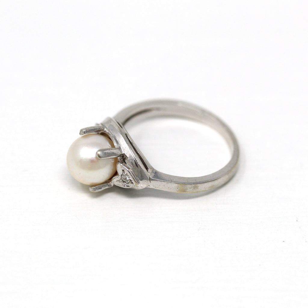 Cultured Pearl Ring - Mid Century 14k White Gold Solitaire Style Genuine Diamonds - Vintage Circa 1950s Size 5 1/2 June Birthstone Jewelry