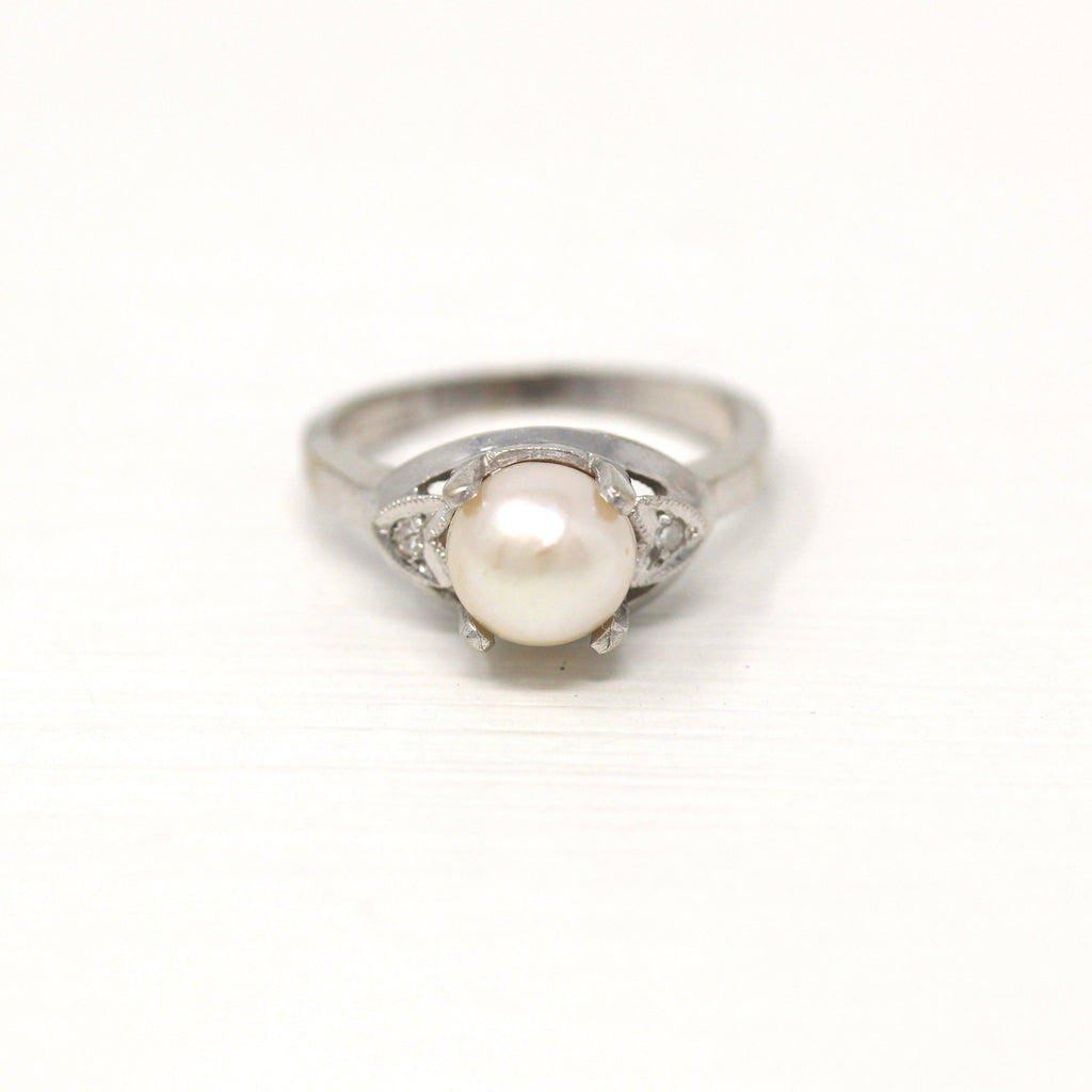 Cultured Pearl Ring - Mid Century 14k White Gold Solitaire Style Genuine Diamonds - Vintage Circa 1950s Size 5 1/2 June Birthstone Jewelry