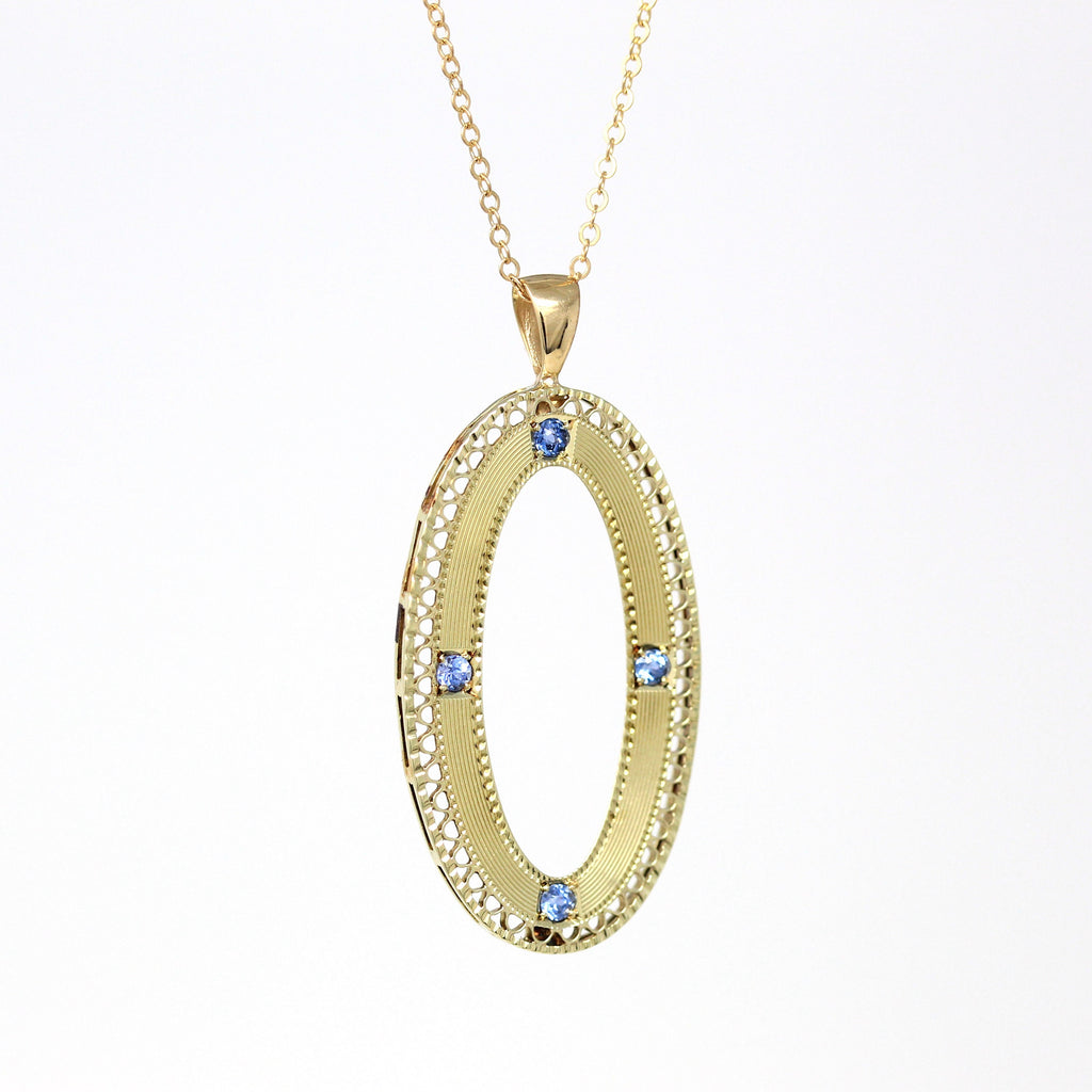 Genuine Sapphire Necklace - Edwardian 14k Yellow Gold Brooch Conversion Pendant - Antique Circa 1910s Oval Filigree Blue Gem Fine Jewelry