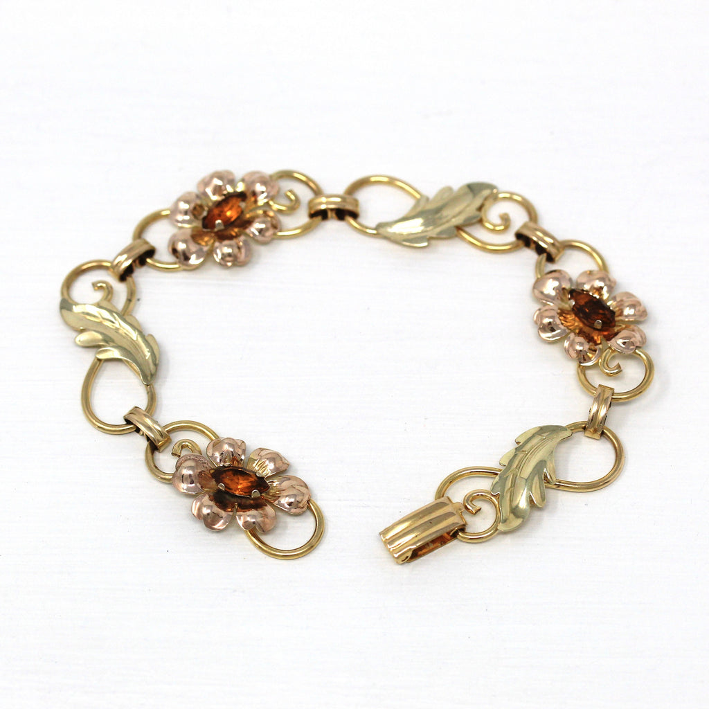 Sale - Simulated Citrine Bracelet - Retro 12k Gold Filled Orange Glass Stones Flowers - Vintage 1940s Era Leaf Fashion Accessory 40s Jewelry