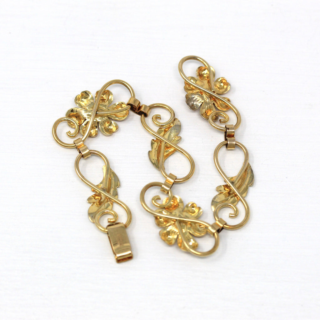 Sale - Simulated Citrine Bracelet - Retro 12k Gold Filled Orange Glass Stones Flowers - Vintage 1940s Era Leaf Fashion Accessory 40s Jewelry