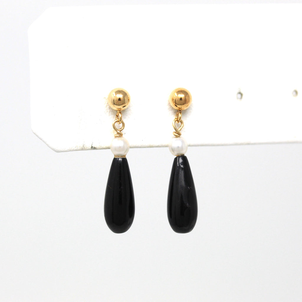 Simulated Pearl Earrings - Modern 14k Yellow Gold Pierced Push Back Dangle Drop Style - Estate Circa 2000's Era Black Glass Teardrop Jewelry