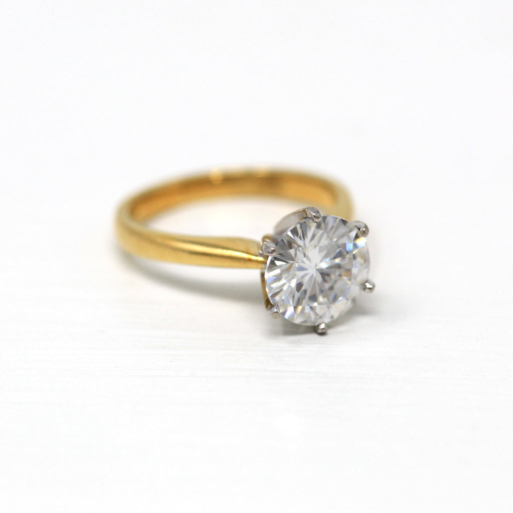 Sale - Modern Moissanite Ring - Estate 18k Yellow & White Gold Round Faceted 2.5 CT Stone - Circa 2000s Size 6 3/4 Engagement Fine Jewelry