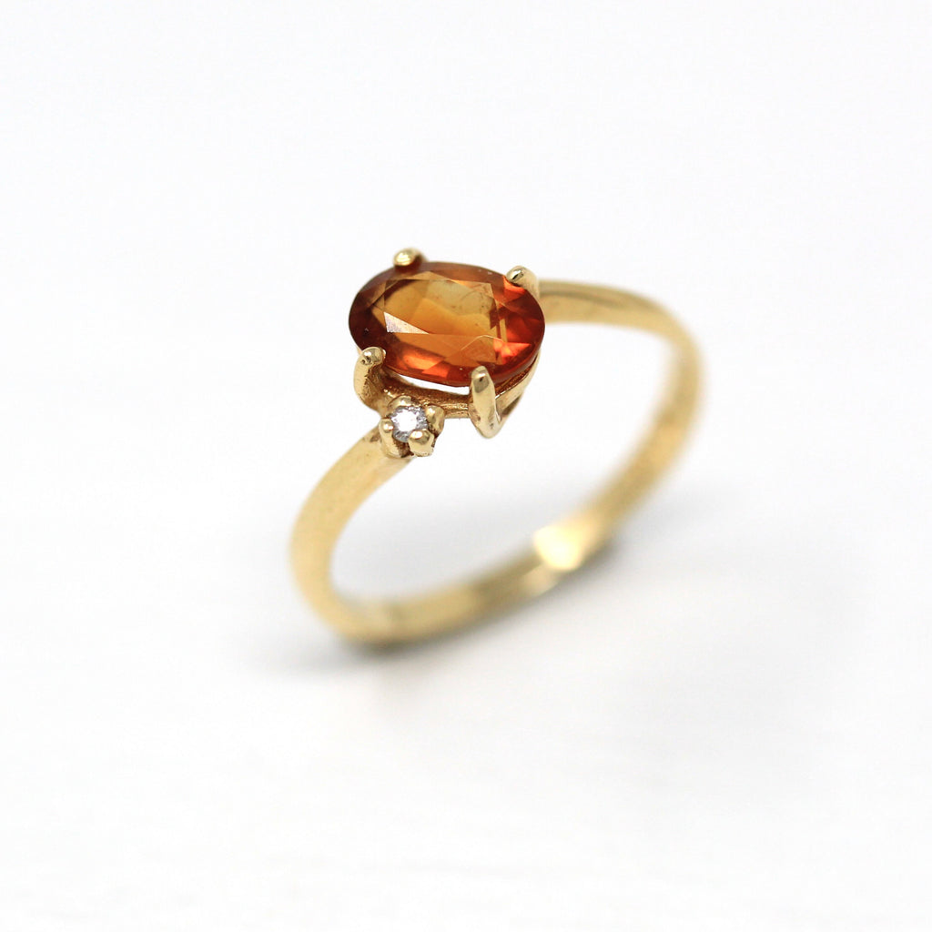 Citrine & Diamond Ring - Retro 14k Yellow Gold Oval Faceted .69 CT Gemstone - Vintage Circa 1970s Era Size 4 3/4 November Birthstone Jewelry