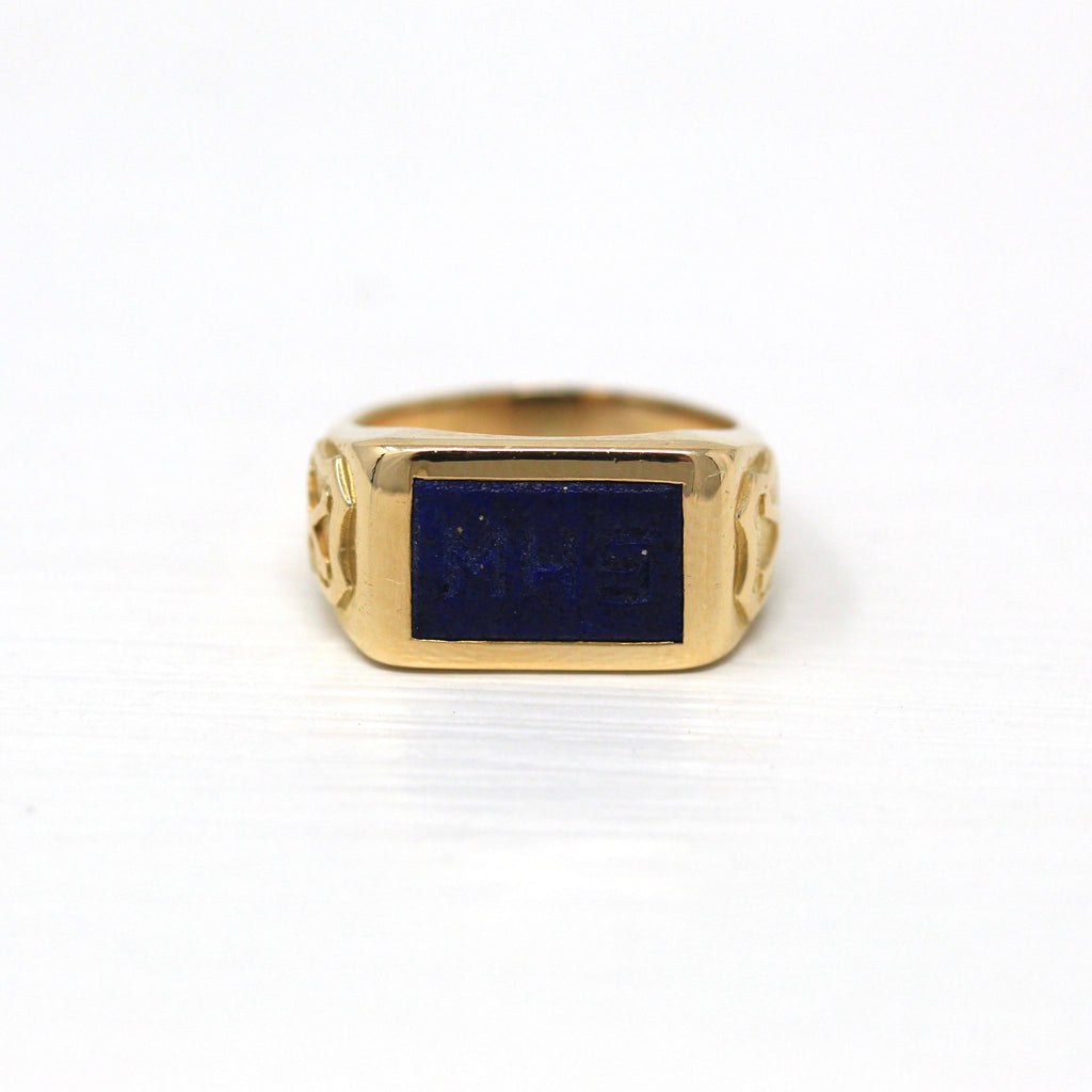 Carved Initials 'MHS' Ring - Retro Era 14k Yellow Gold Genuine Blue Lapis Lazuli Gem - Vintage Circa 1940s Era Size 3.5 Fine Nu Chi Jewelry