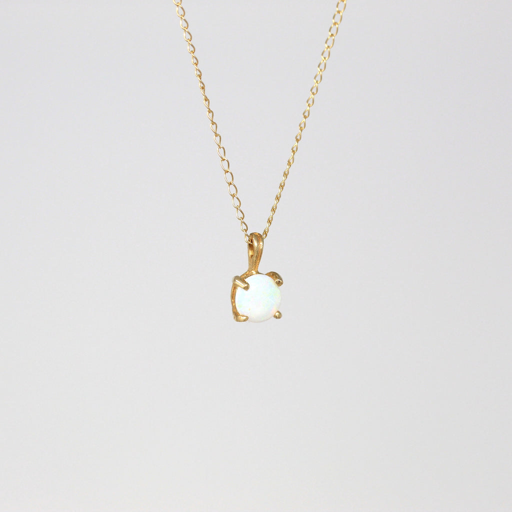 Genuine Opal Necklace - Retro 14k Yellow Gold Cabochon Cut .33 CT Gemstone Pendant - Vintage Circa 1970s Era October Birthstone Fine Jewelry