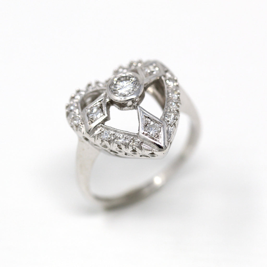Vintage Heart Ring - Mid Century 14k White Gold Genuine .57 CTW Diamond Halo - Engagement Anniversary Circa 1950s Size 7 1/4 Fine Jewelry