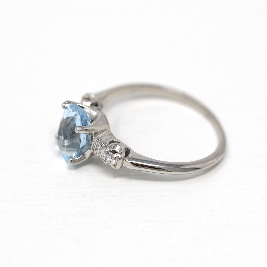 Aquamarine Engagement Ring - Vintage Retro 18k White Gold Genuine 1.45 CT Blue Gemstone - Mid Century Era Circa 1950s Wedding Fine Jewelry