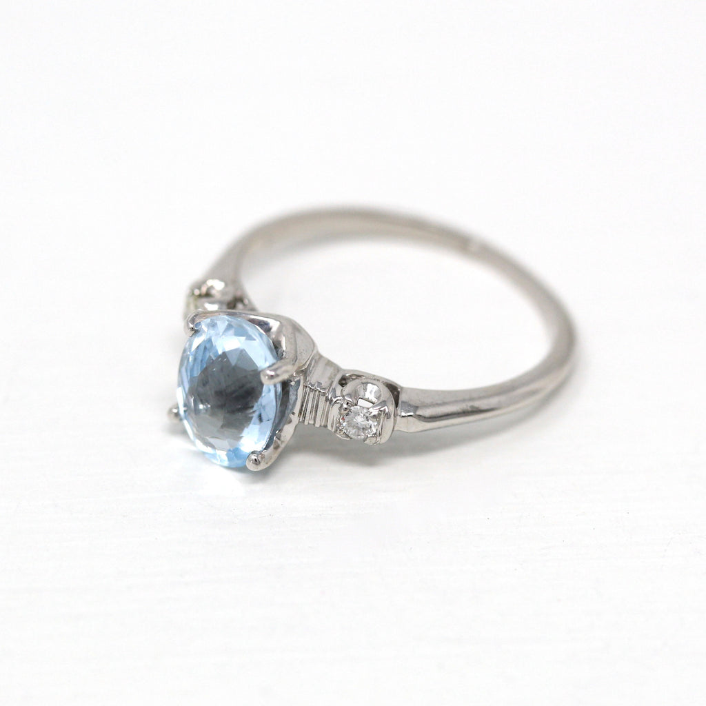 Aquamarine Engagement Ring - Vintage Retro 18k White Gold Genuine 1.45 CT Blue Gemstone - Mid Century Era Circa 1950s Wedding Fine Jewelry