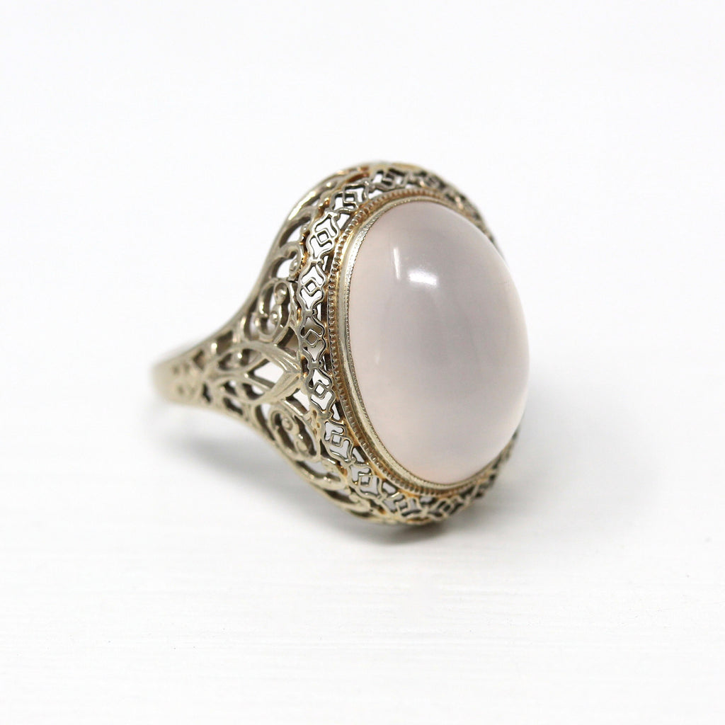 Vintage Moonstone Ring - Antique Art Deco Era c. 1920 14k White Gold Filigree - Size 8 Open Metal 10 Ct Oval Glowing Cabochon Fine Jewelry