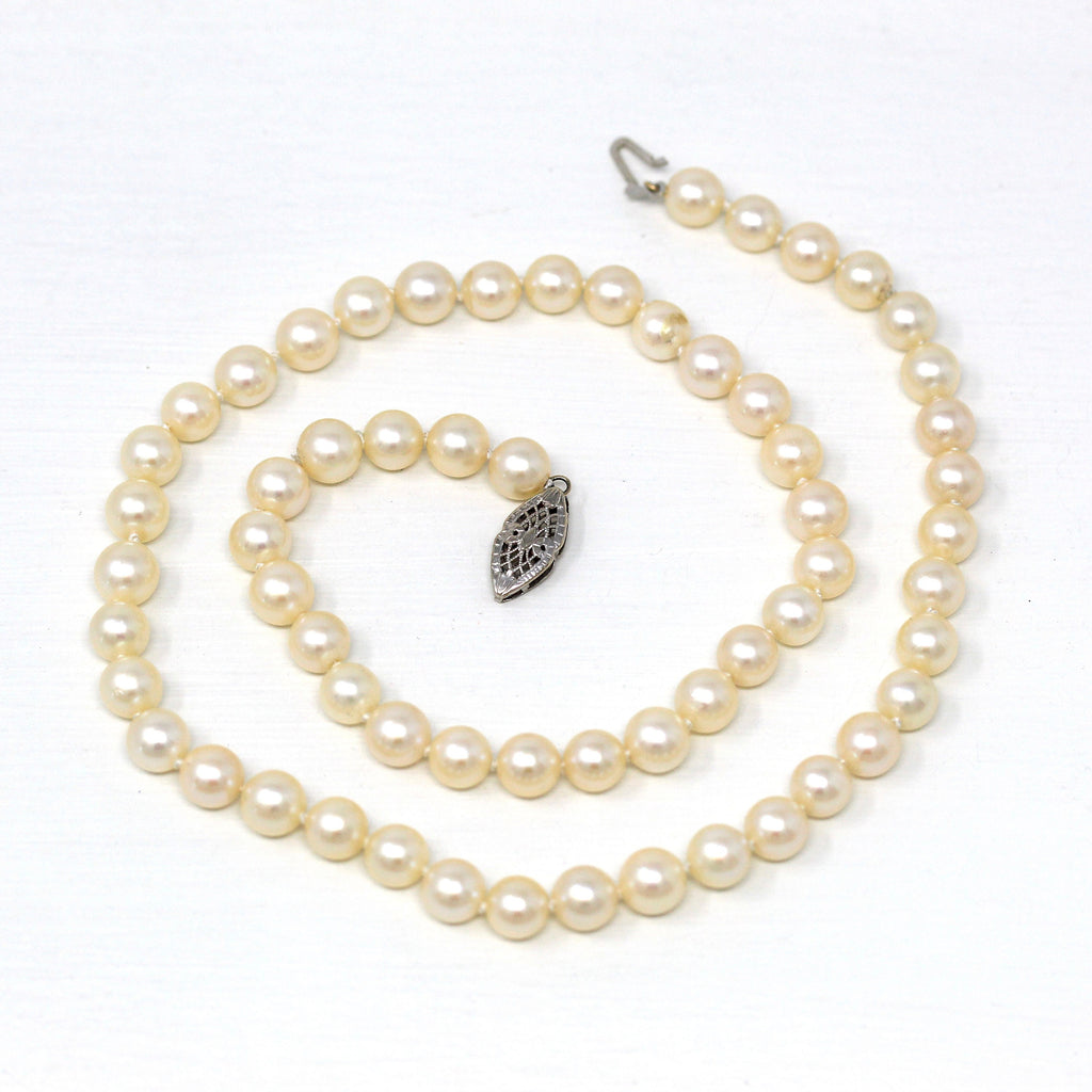 Cultured Pearl Necklace - Modern 14k White Gold Fish Hook Individually Knotted Strand - Estate Circa 2000s Era Organic Gem 17" Fine Jewelry