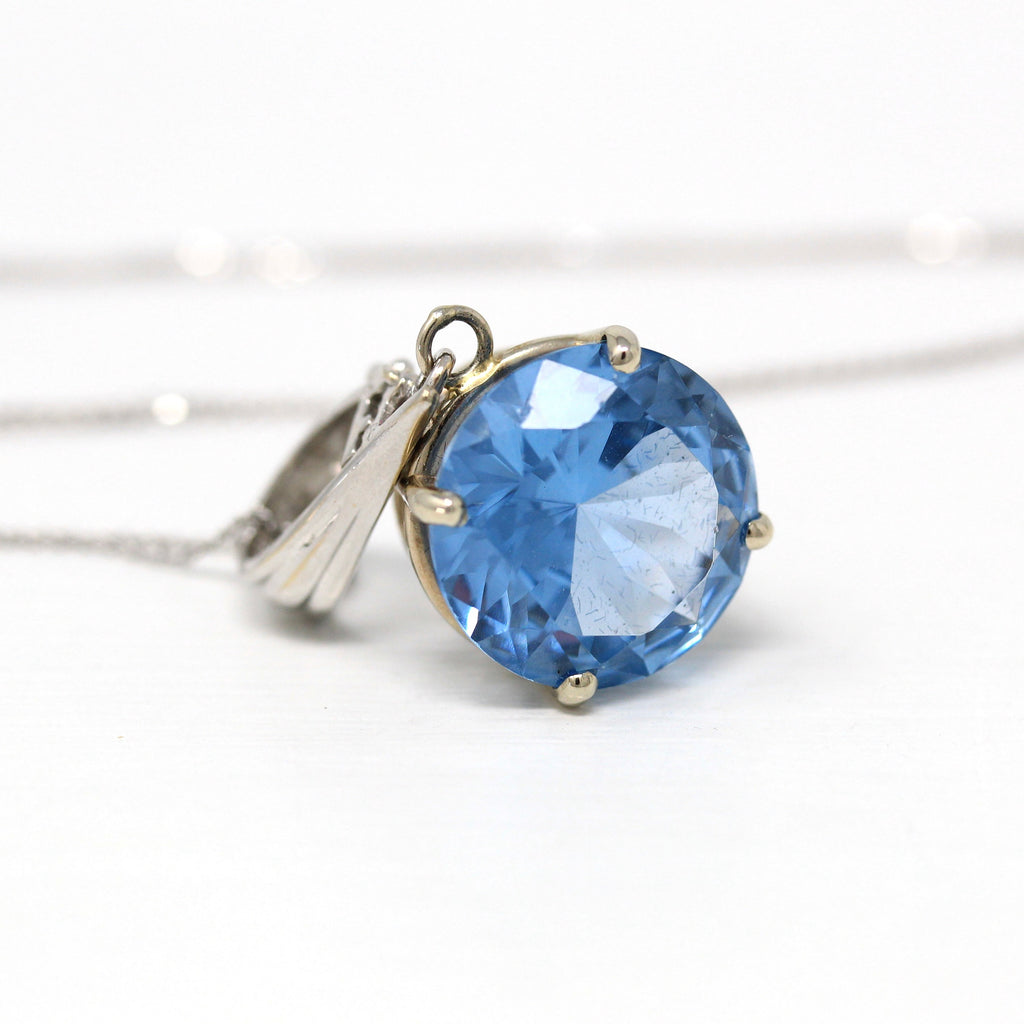 Sale - Created Spinel Pendant - Modern 14k White Gold Round Faceted Blue 10.36 CT Necklace - Estate Circa 2000s Solitaire Fine Y2K Jewelry