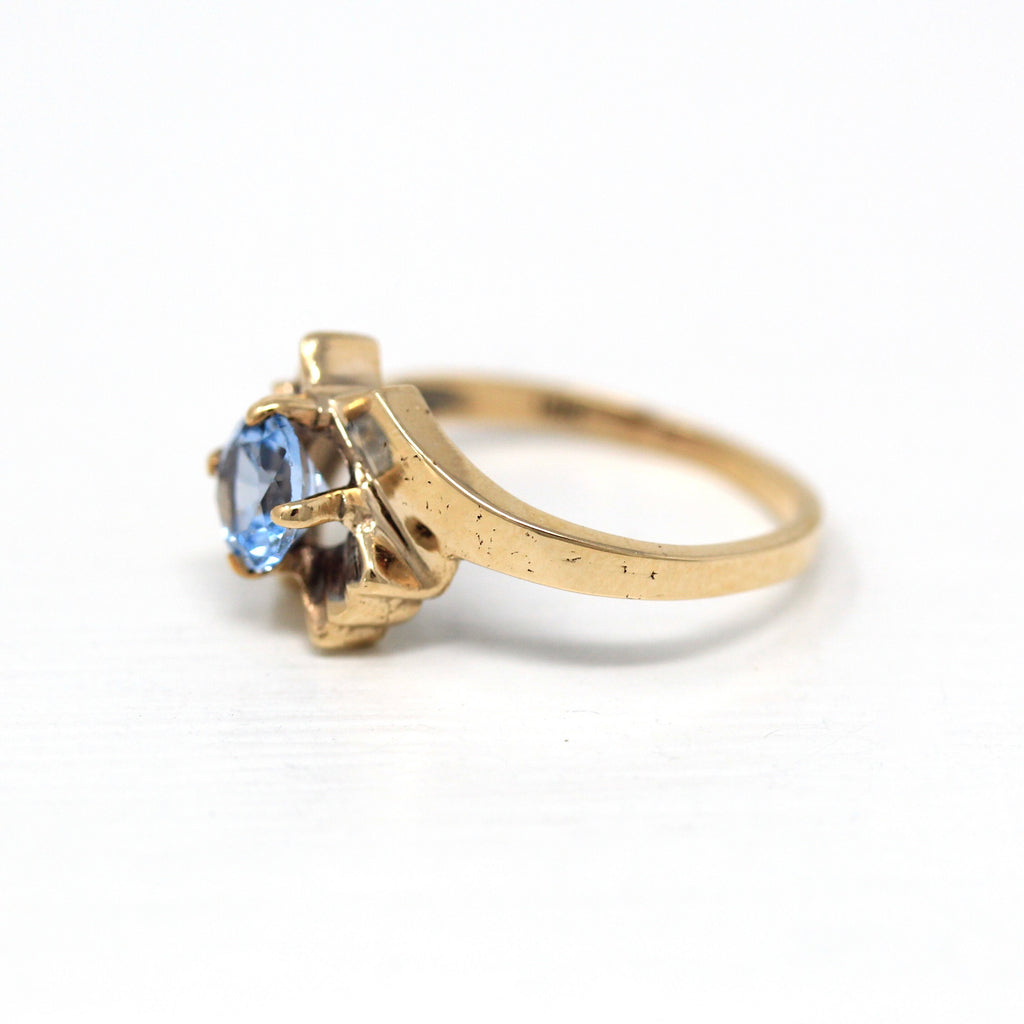 Created Spinel Ring - Retro 10k Yellow Gold Round Faceted .78 CT Pale Blue Stone - Vintage Circa 1960s Size 5 1/4 Solitaire Bypass Jewelry