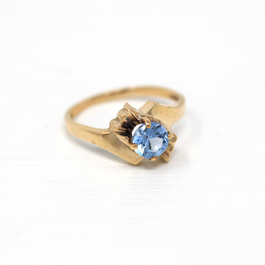 Created Spinel Ring - Retro 10k Yellow Gold Round Faceted .78 CT Pale Blue Stone - Vintage Circa 1960s Size 5 1/4 Solitaire Bypass Jewelry