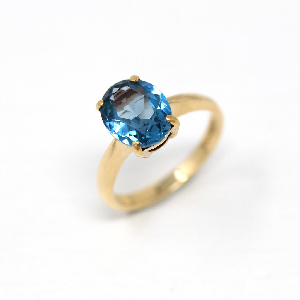 Created Spinel Ring - Modern 10k Yellow Gold Oval Faceted 2.19 CT Blue Stone - Estate Circa 2000's Size 4 3/4 Solitaire Style Fine Jewelry