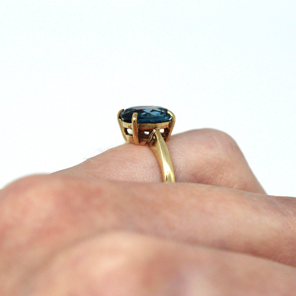 Created Spinel Ring - Modern 10k Yellow Gold Oval Faceted 2.19 CT Blue Stone - Estate Circa 2000's Size 4 3/4 Solitaire Style Fine Jewelry