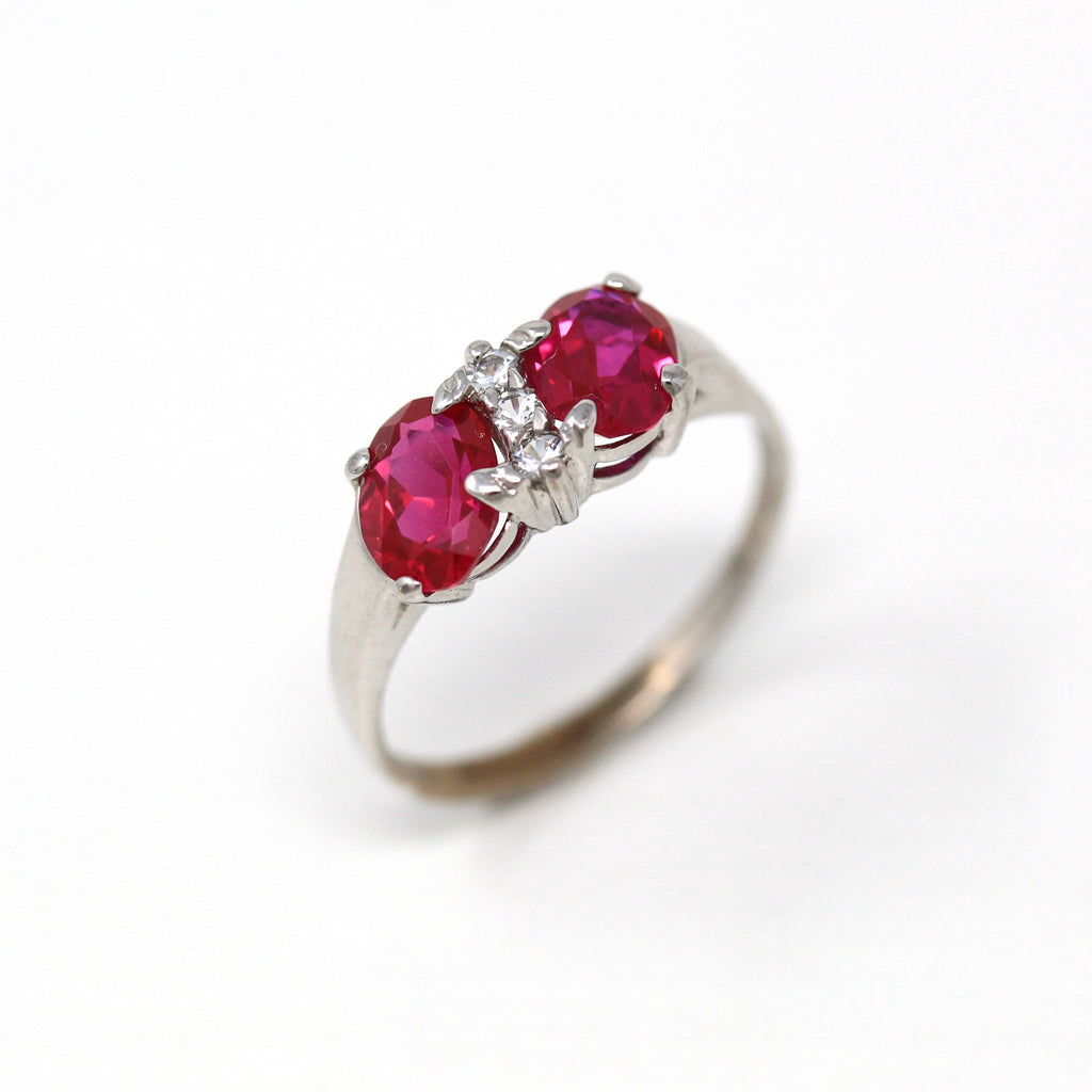 Created Ruby Ring - Retro 10k White Gold Oval Faceted 1.68 CTW White Spinels Stones - Vintage 1960s Size 7 July Birthstone Fine 60s Jewelry