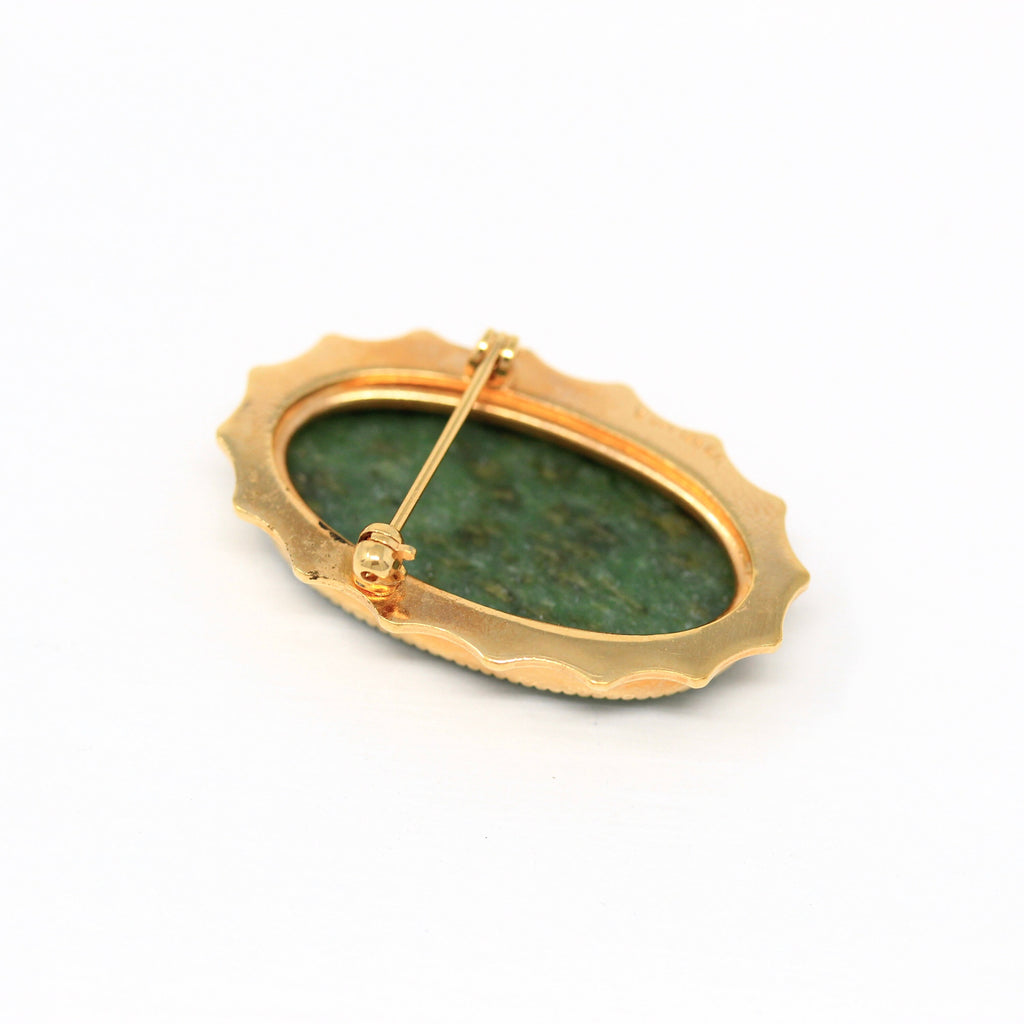 Genuine Serpentine Brooch - Retro 12k Gold Filled Marbled Green Oval Gem Pin - Vintage Circa 1960s Era Statement Fashion Accessory Jewelry