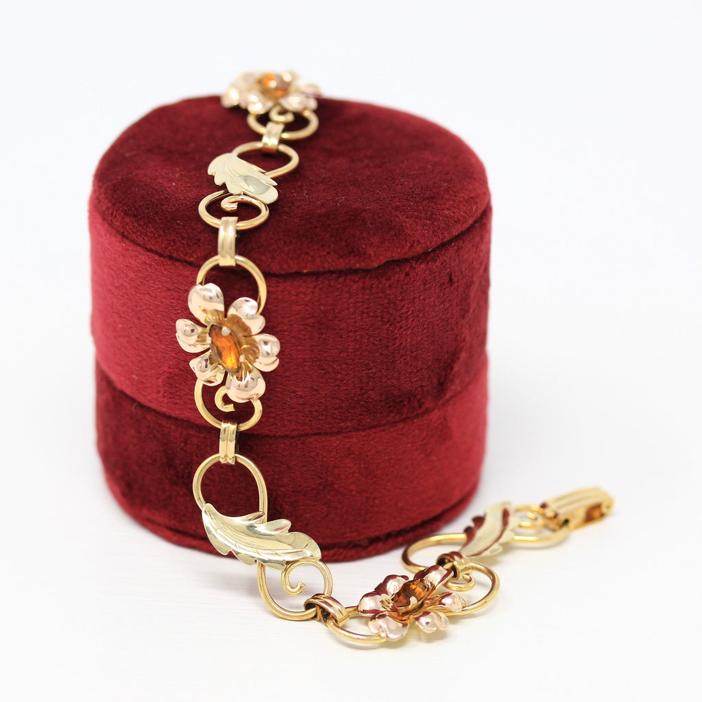 Simulated Citrine Bracelet - Retro 12k Gold Filled Orange Glass Stones Flowers - Vintage Circa 1940s Era Leaf Fashion Accessory 40s Jewelry