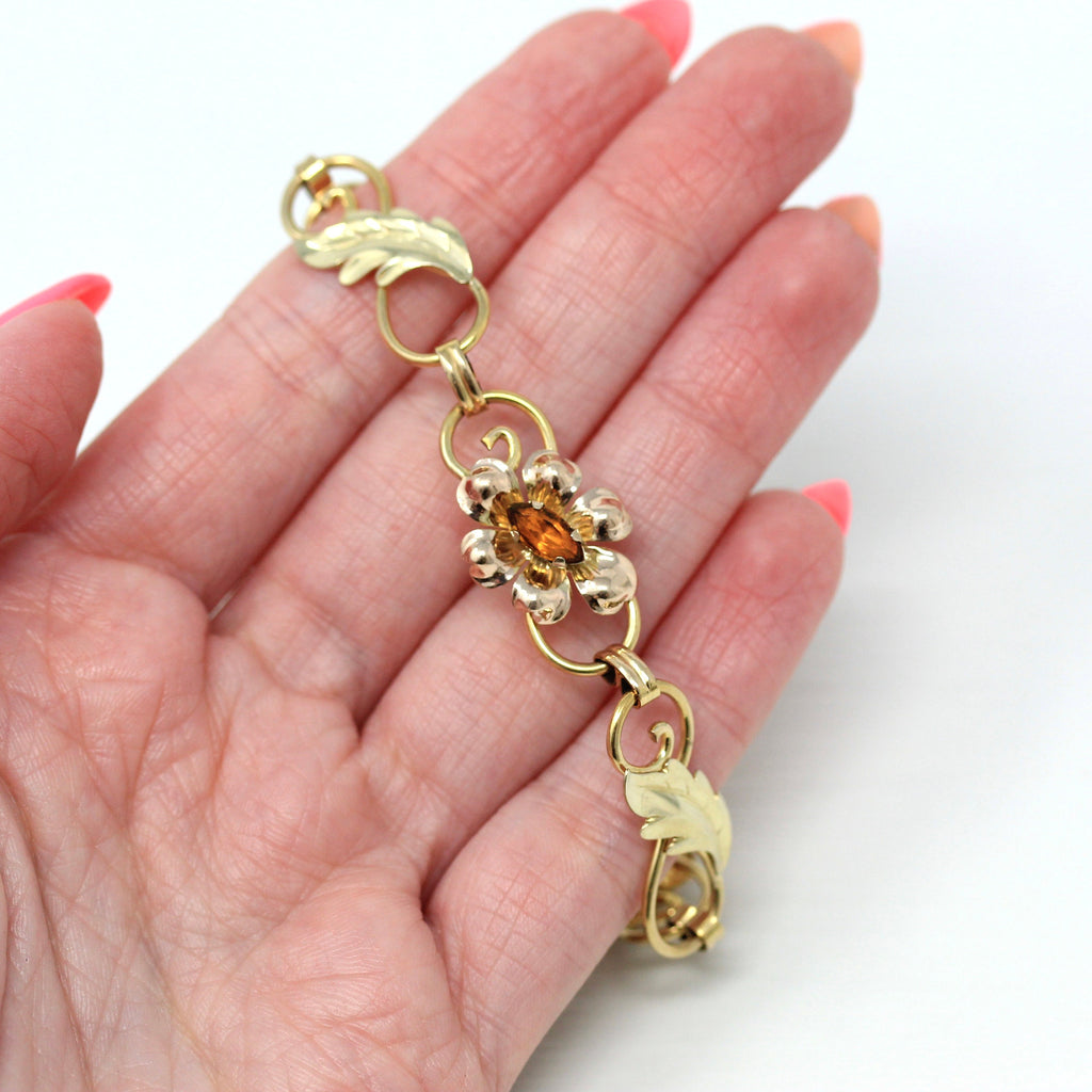 Simulated Citrine Bracelet - Retro 12k Gold Filled Orange Glass Stones Flowers - Vintage Circa 1940s Era Leaf Fashion Accessory 40s Jewelry