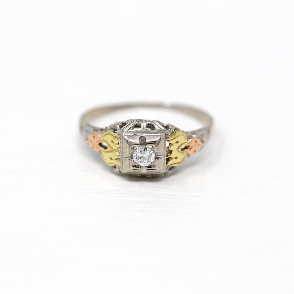 Sale - Vintage Diamond Ring - Art Deco 18k White Gold Genuine .08 CT Gemstone - Antique Circa 1930s Size 5 3/4 Filigree Tri Color Jewelry