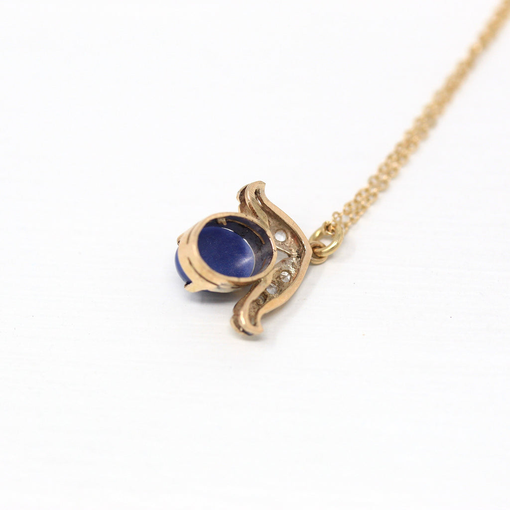 Created Star Sapphire Necklace - Retro 10k Yellow Gold 2 CT Blue Cabochon Stone - Vintage Circa 1970s Era Pendant Charm Fob Fine 70s Jewelry
